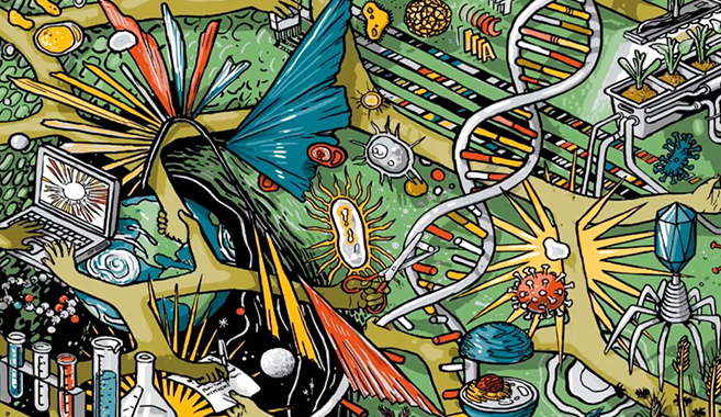 illustrated mural of various genomic imageries 