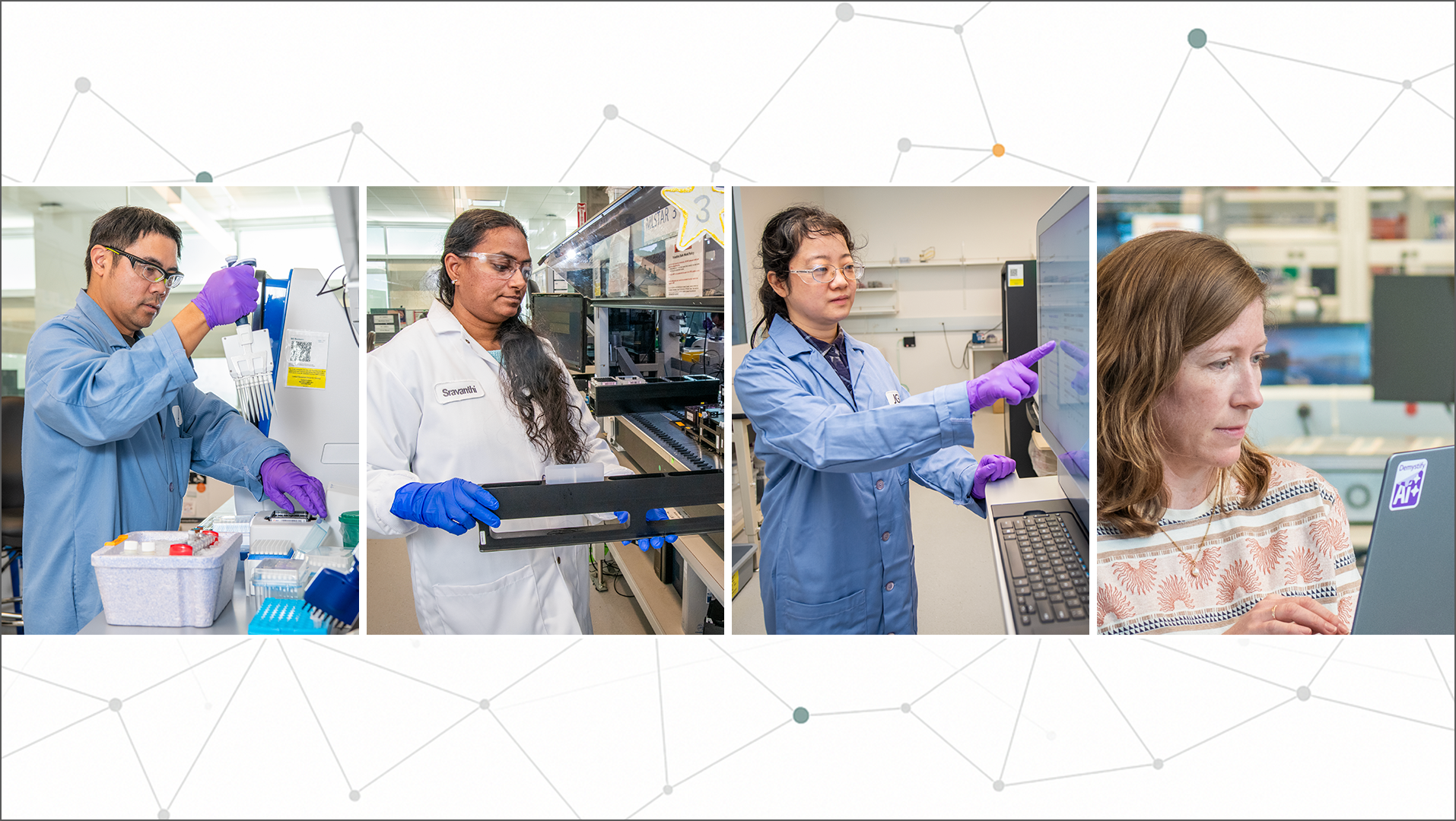 A series of four photos featuring individuals in PPE working with equipment in a science lab as well as one individual on a laptop