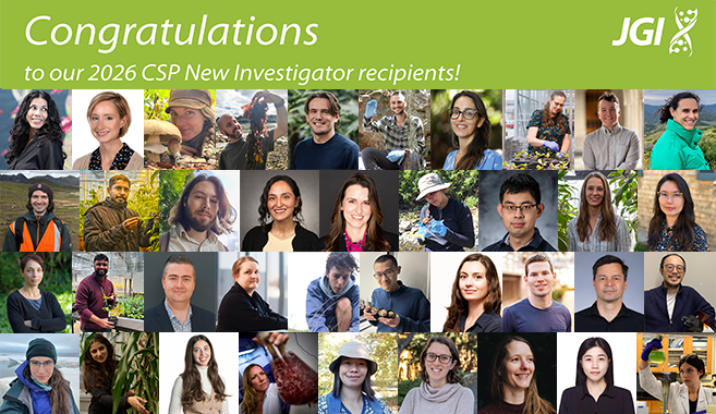 A series of 38 headshots sit below the text “Congratulations to our New Investigator Recipients” and the JGI helix logo