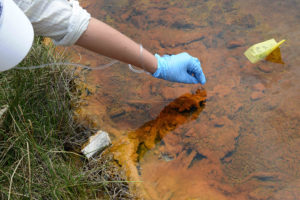 person sticking a gloved hand into lake water