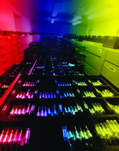 Rainbow-filtered room of cabinets with open drawers full of with ampules.