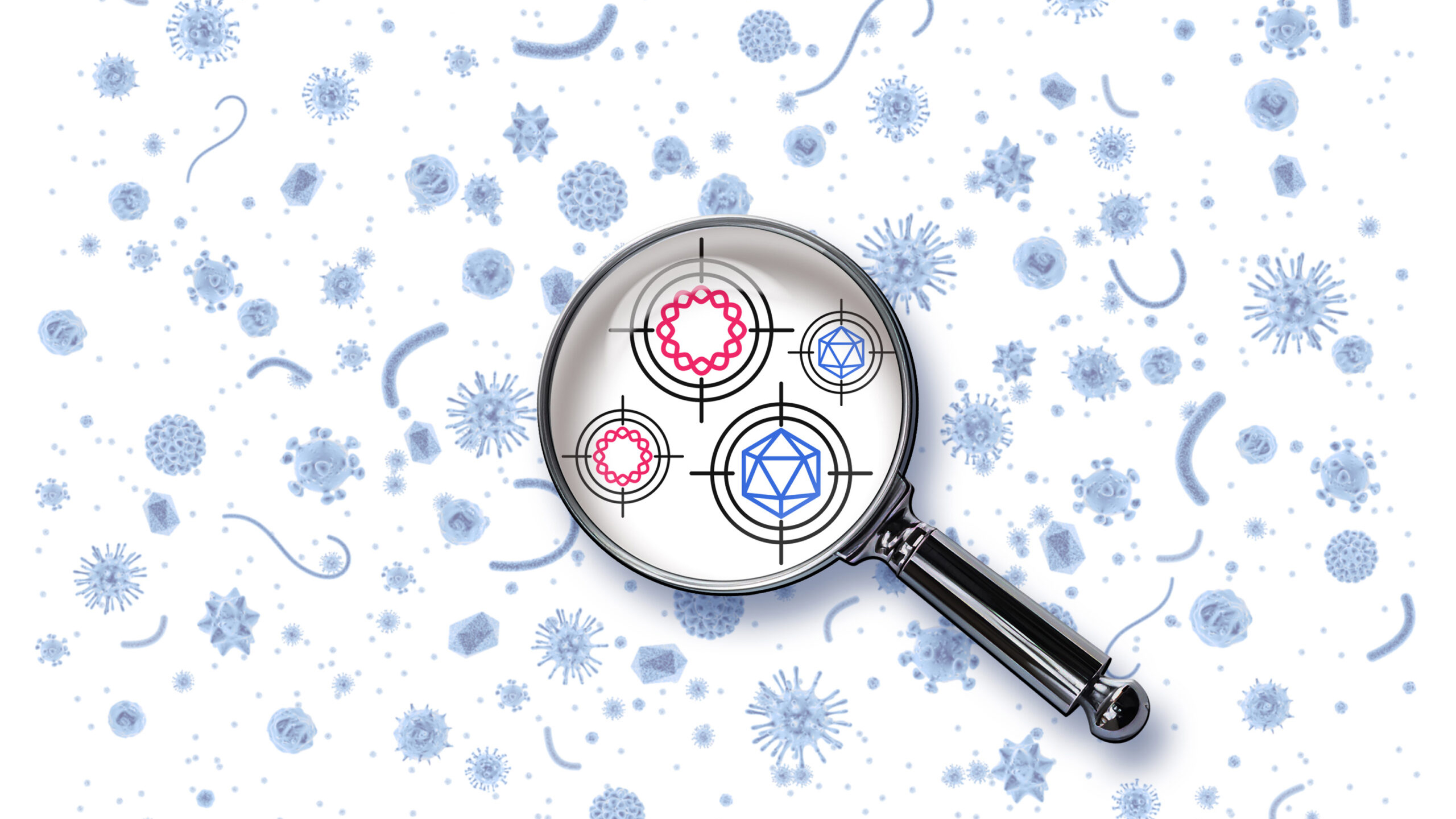 Illustration of a magnifying glass identifying viruses.