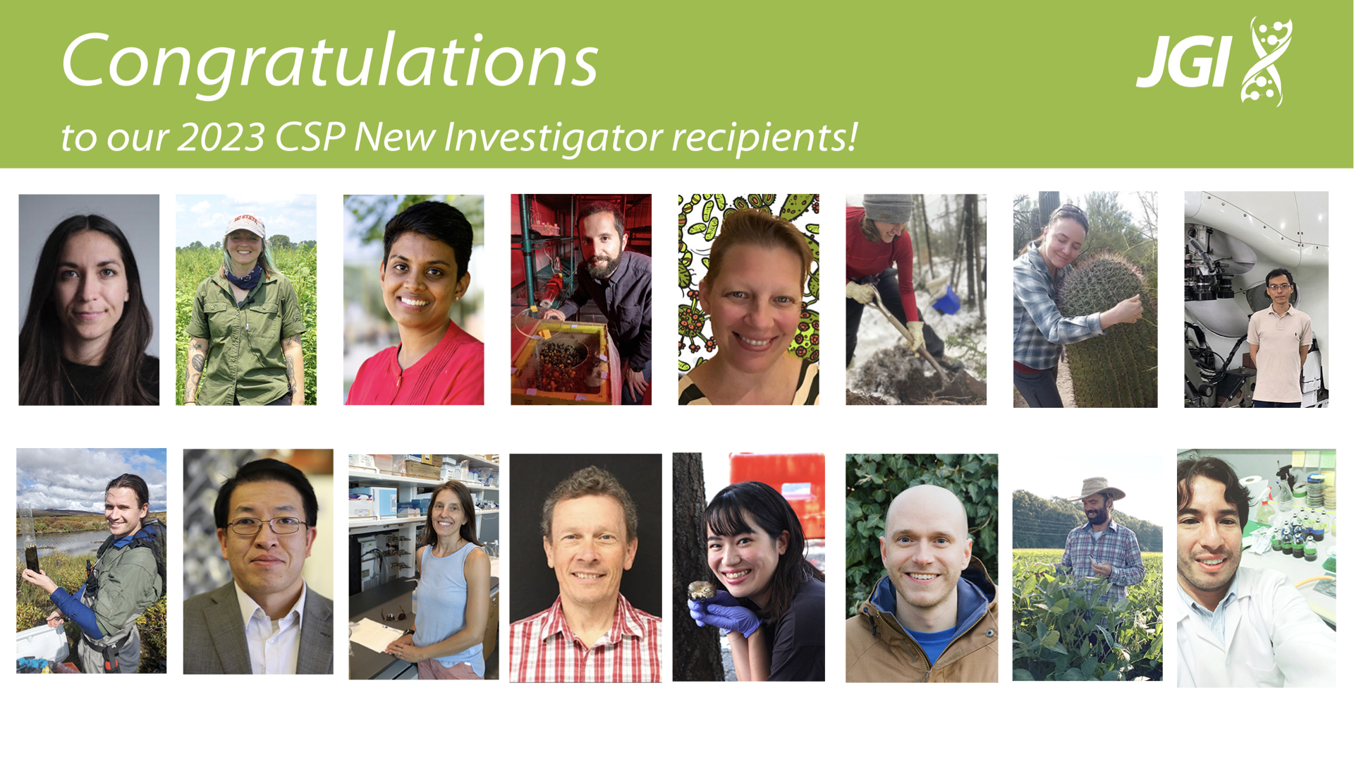  a series of 16 headshots beneath the text "Congratulations to our New Investigator call recipients" beside the JGI helix logo