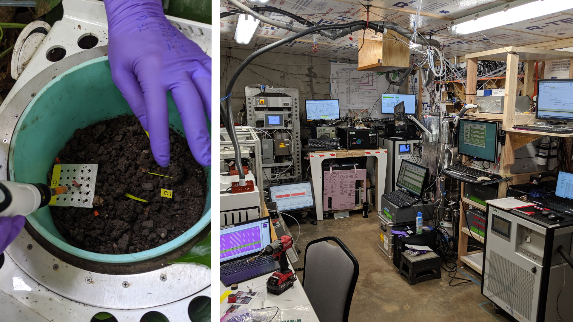 Left: Close-up of gloved hands using a pipette to conduct a pyruvate labeling experiment, with soil samples and labeled markers visible in a circular container. Right: A cluttered research laboratory filled with various scientific equipment, computers, monitors, and cables. Multiple screens display data and graphs, creating a busy and technical atmosphere.