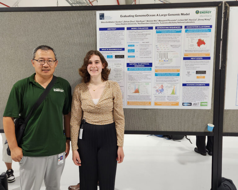 SULI Intern Shira Goldhaber-Gordon and mentor Zhong Wang in front of her poster