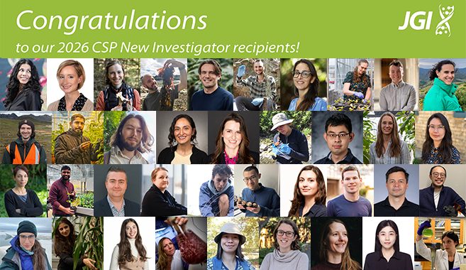 A series of 38 headshots sit below the text “Congratulations to our 2026 New Investigator Recipients” and the JGI helix logo