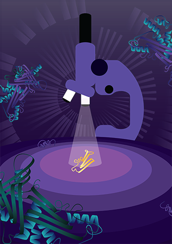 Illustration of a microscope with a spotlight on yellow shapes, surrounded by molecular structures.