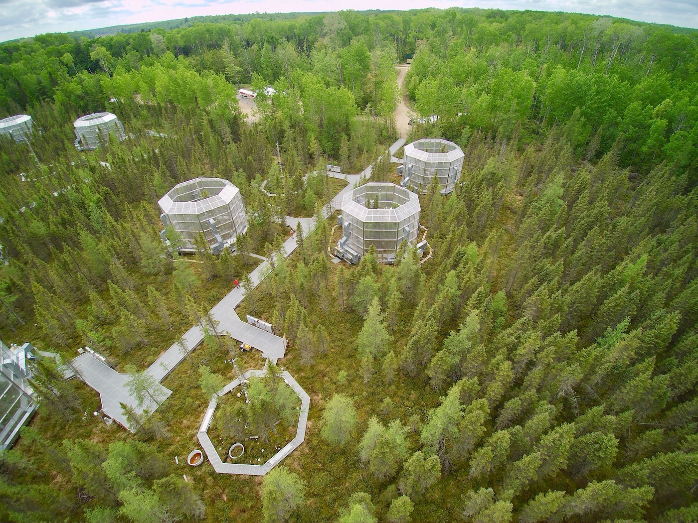 aerial shot of a building in woods 