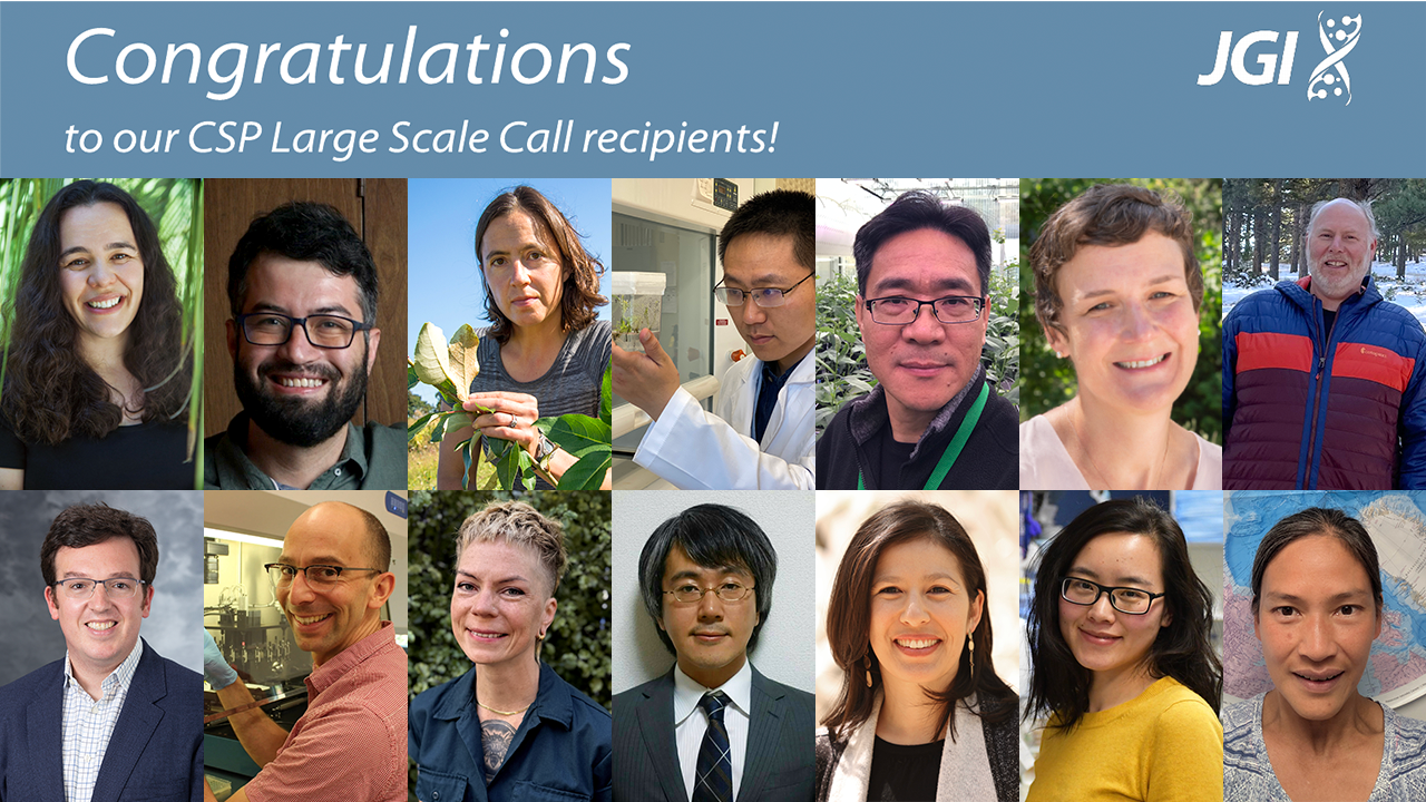 A series of 14 headshots sits beneath the text "Congratulations to our CSP Large Scale Call recipients!" as well as the JGI helix logo