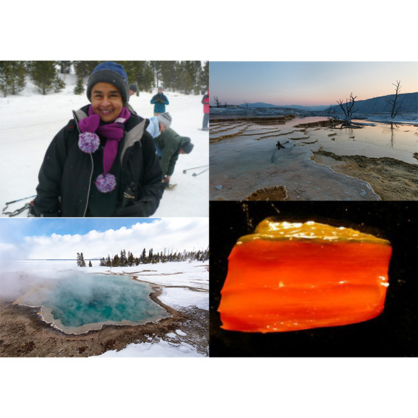 A photo collage of a researcher at a sledding hill, a hot springs at sunset, a bright red sample of microbial mat, and a hot springs surrounded by winter snow