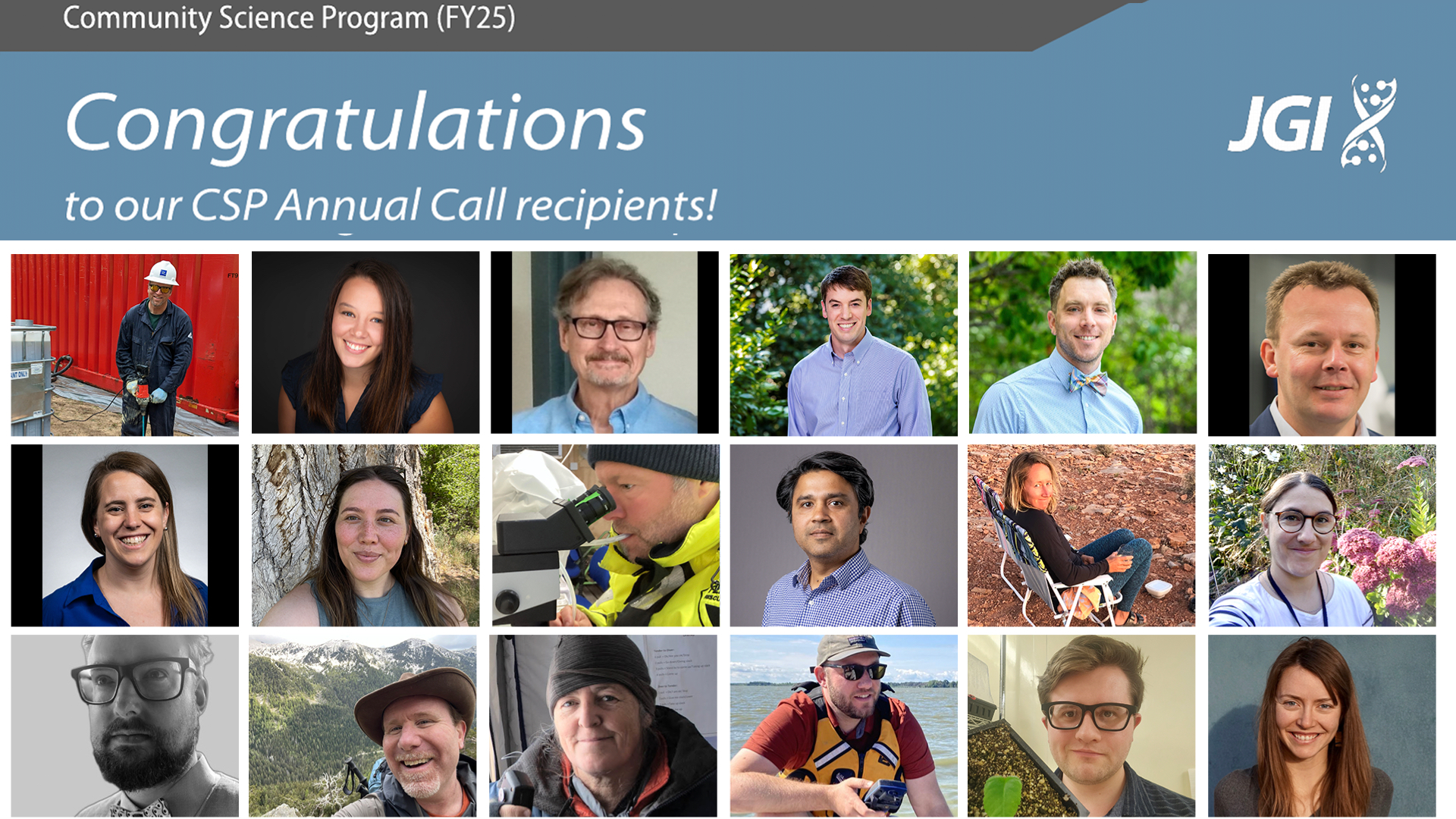 A series of 18 headshots sits below the text "Congratulations to our CSP Annual Call Recipients" and the JGI logo