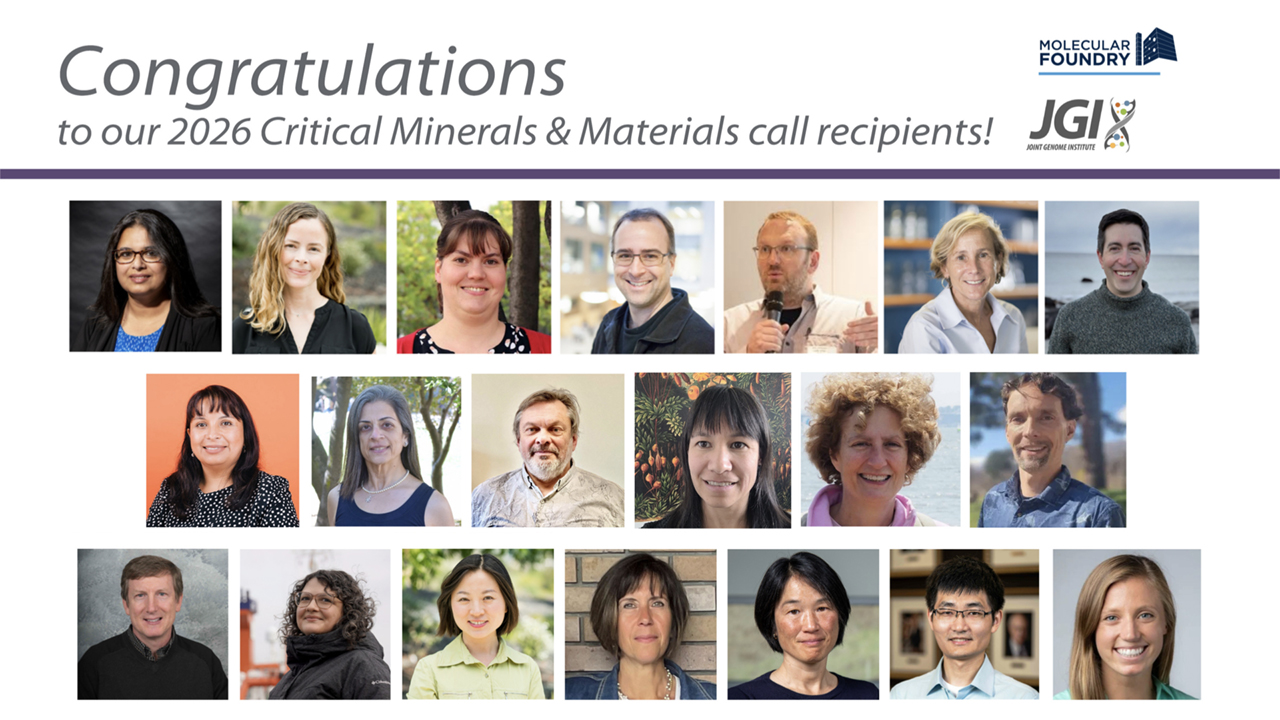 A series of 20 headshots sit below the text “Congratulations to our 2026 Critical Mineral & Materials Recipients” and the Foundry and JGI logos