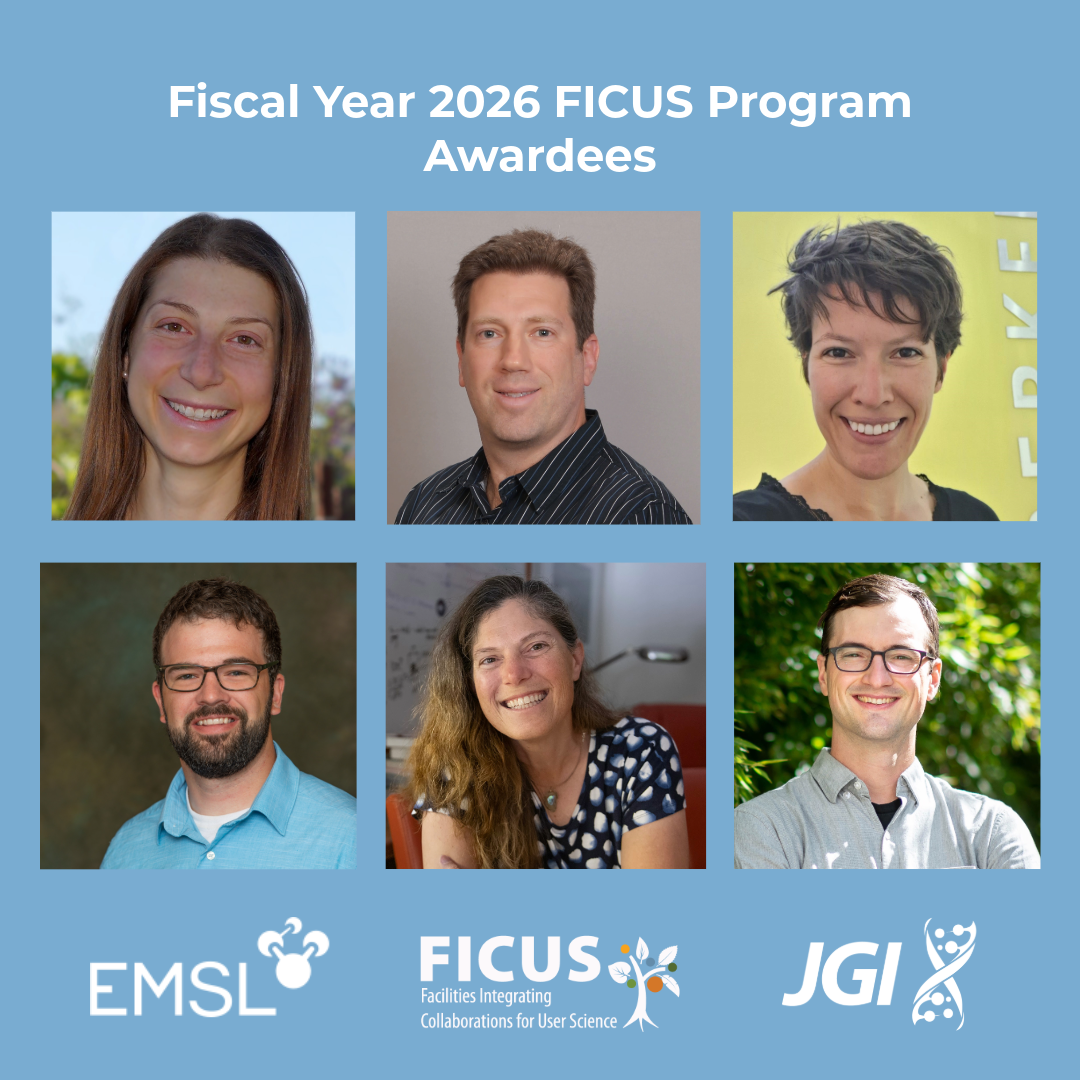 Six headshots sit below the text "Fiscal Year 2026 FICUS program awardees" and below are the EMSL, FICUS and JGI logos