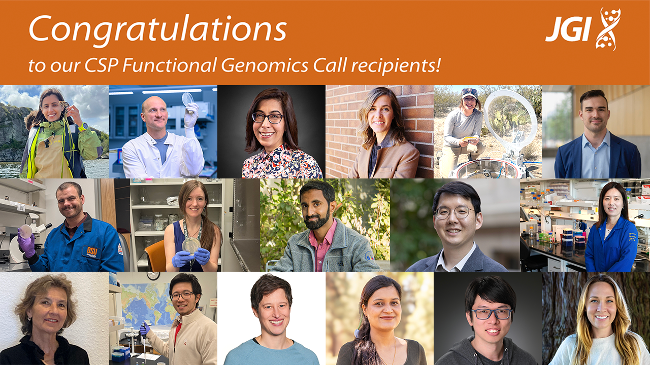A series of 17 headshots sits below the text "Congratulations to our Functional Genomics recipients" with the JGI helix logo in the upper right corner