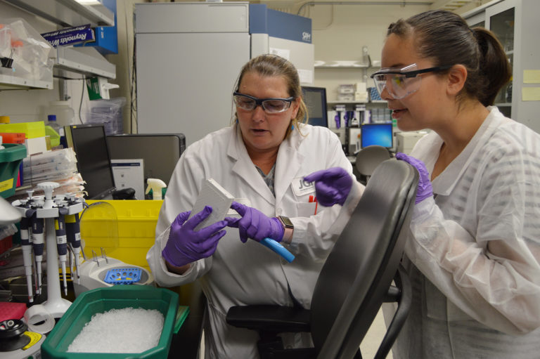 an intern and a mentor in a lab