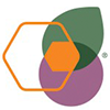 logo features an orange hexagon beside a circle and illustrated leaf