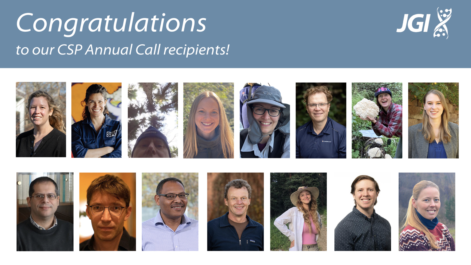 a series of 15 headshots beneath the text "Congratulations to our CSP Annual Call recipients!" beside the JGI helix logo