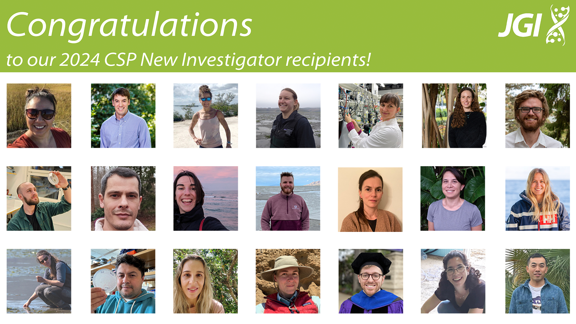 A series of 21 headshots sits below the text "Congratulations to our New Investigator recipients!" and the JGI helix logo