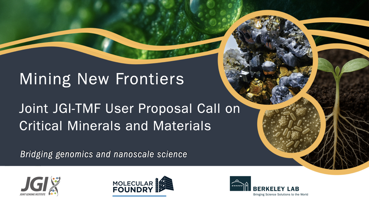 Banner promoting a proposal call on critical minerals and materials with images of a sprout, minerals, and microorganisms.