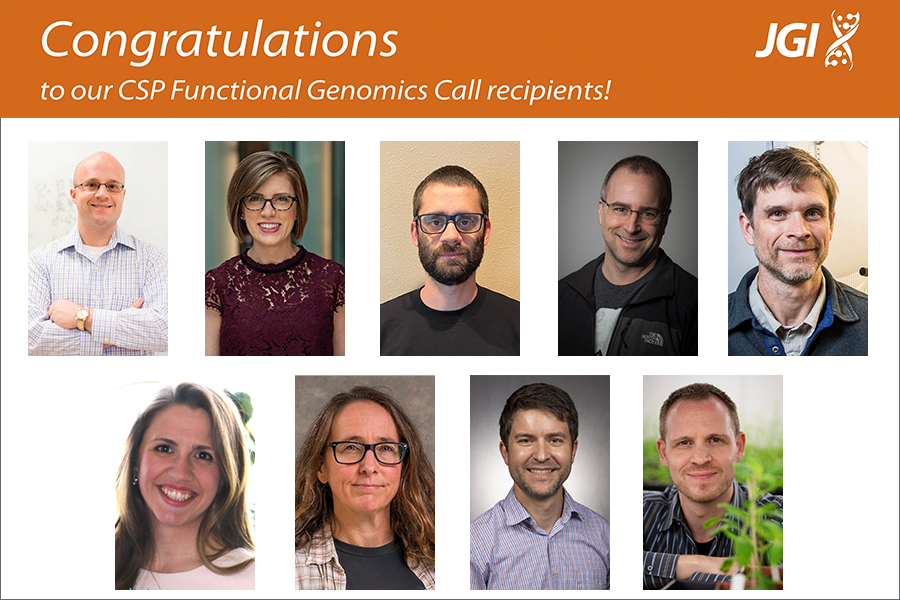 a series of nine headshots beneath the text "congratulations to our CSP Functional Genomics Call recipients" beside the JGI helix logo