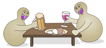 two yeasts enjoying beverages and food at a table