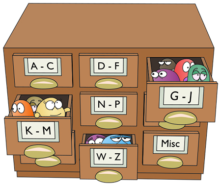 a desk with drawers labeled in alphabetical order with circles peaking out of some of the drawers. The circles have varying expressions