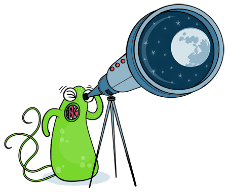 a green blob with sharp teeth looking out of a telescope. The telescope is focused on the moon.