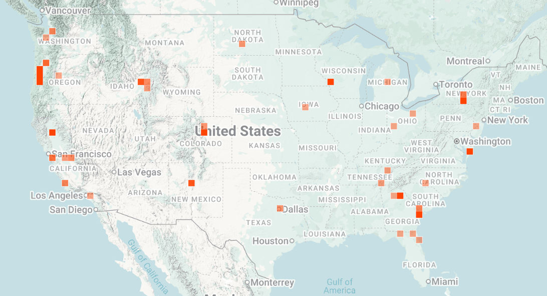 A map of the United States of America with red dots scattered throughout