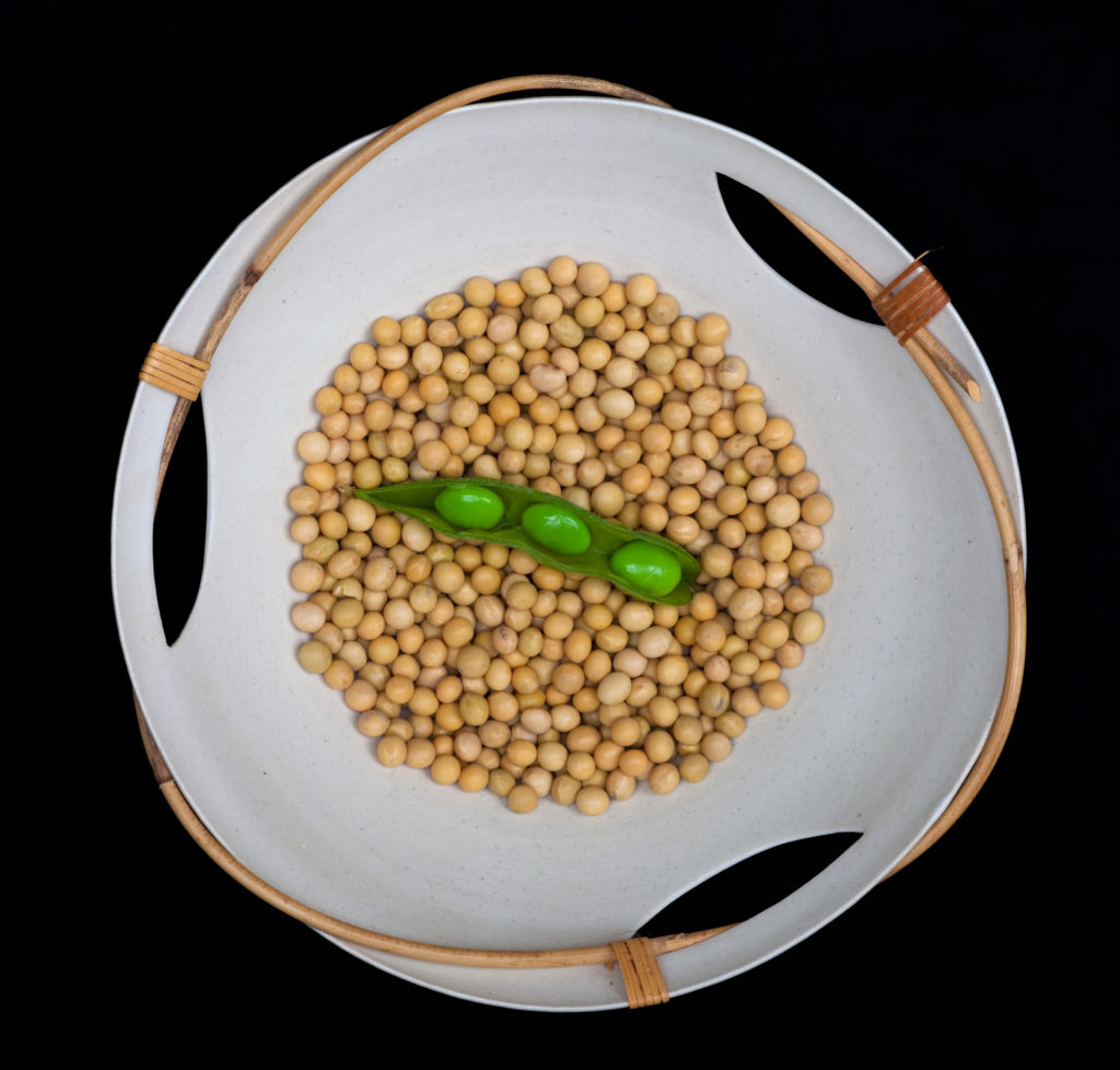 a green soybean atop a mound of seeds in a white bowl