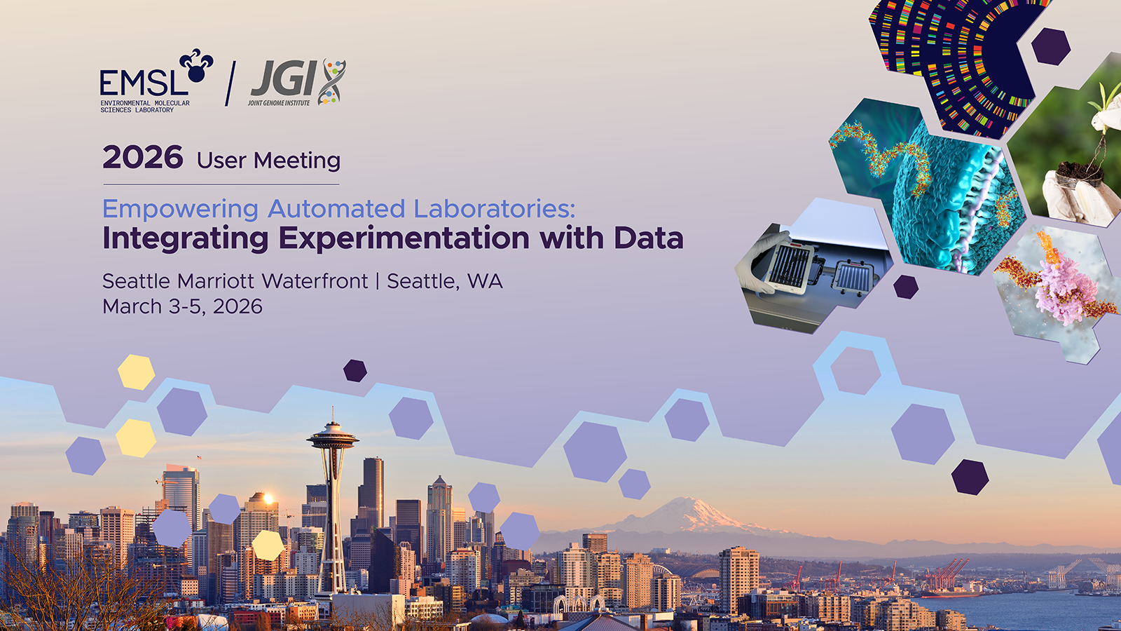 Graphic for the 2026 JGI-EMSL User Meeting with a Seattle skyline and scientific hexagonal images.