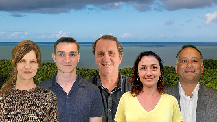 Composite shot of 2 women and 3 men against a mangrove swamp.