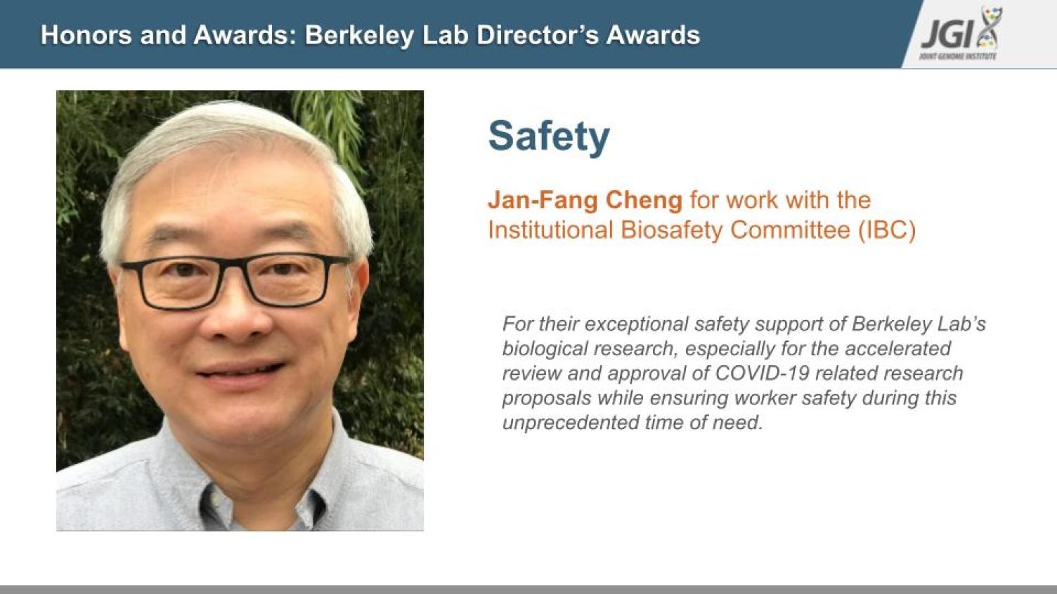 Jan Fang Cheng earns the Safety award