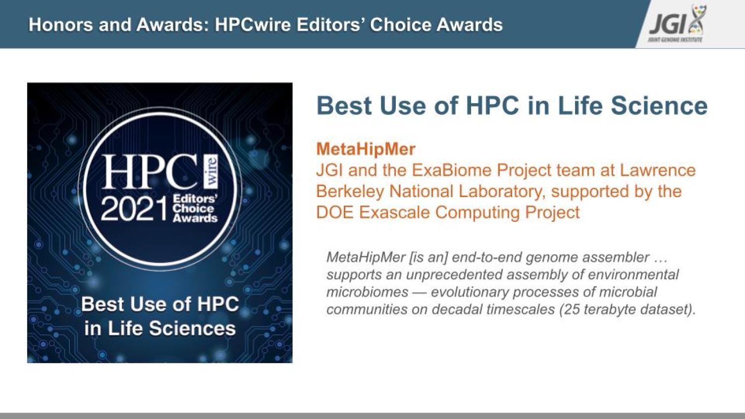 Honoring the JGI for best use of hpc in life sciences for metahipmer