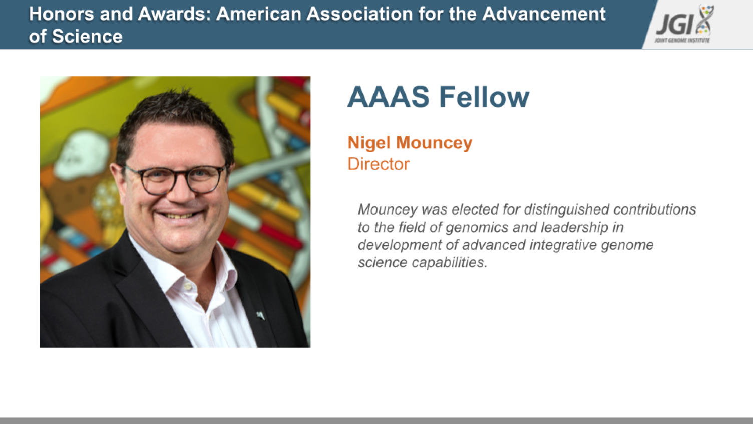 Nigel Mouncey, Director, named AAAS Fellow for contributions to genomics and integrative genome science capabilities