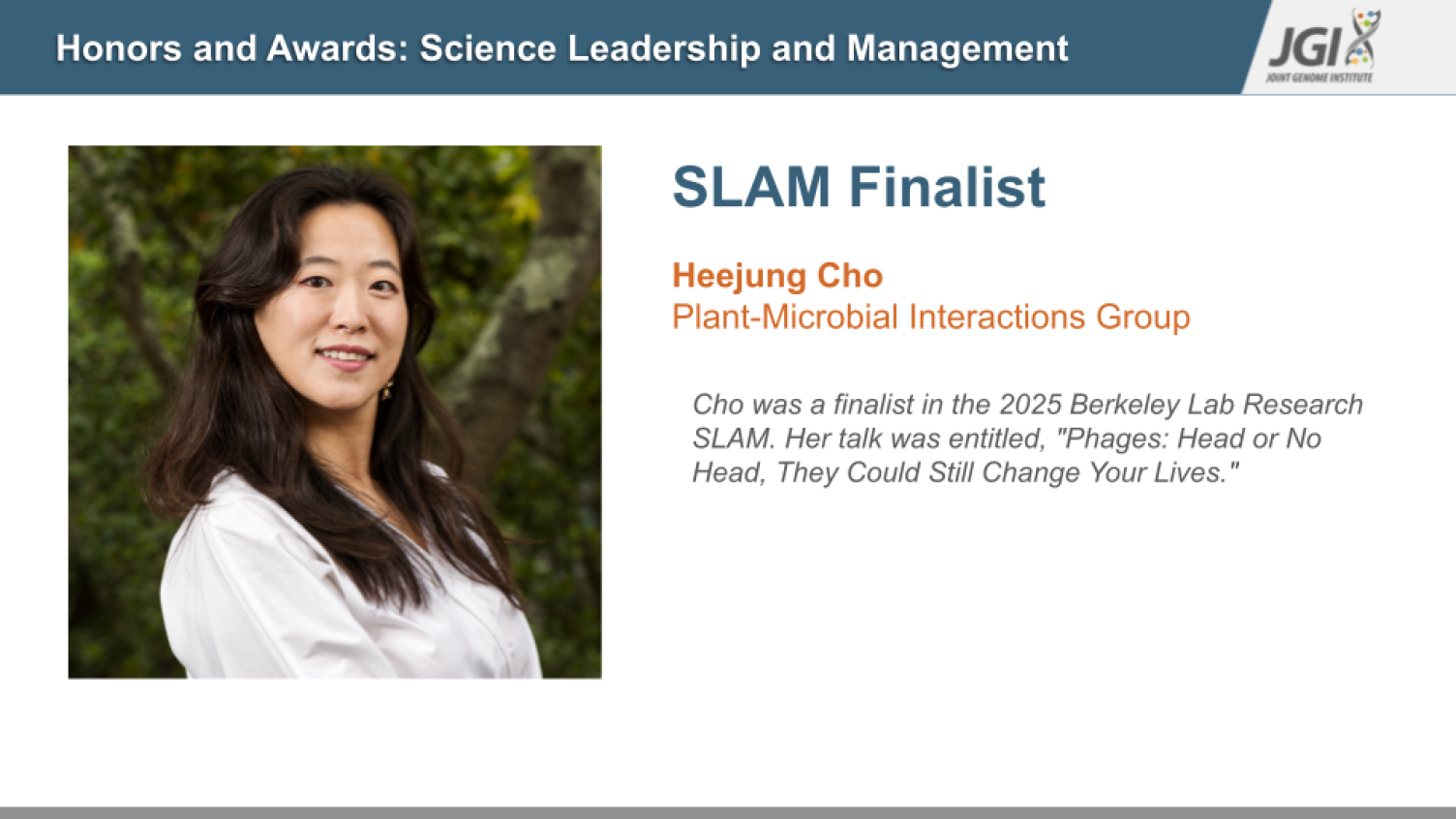Heejung Cho, Plant-Microbial Interactions Group, finalist in 2025 Berkeley Lab Research SLAM with talk on phages