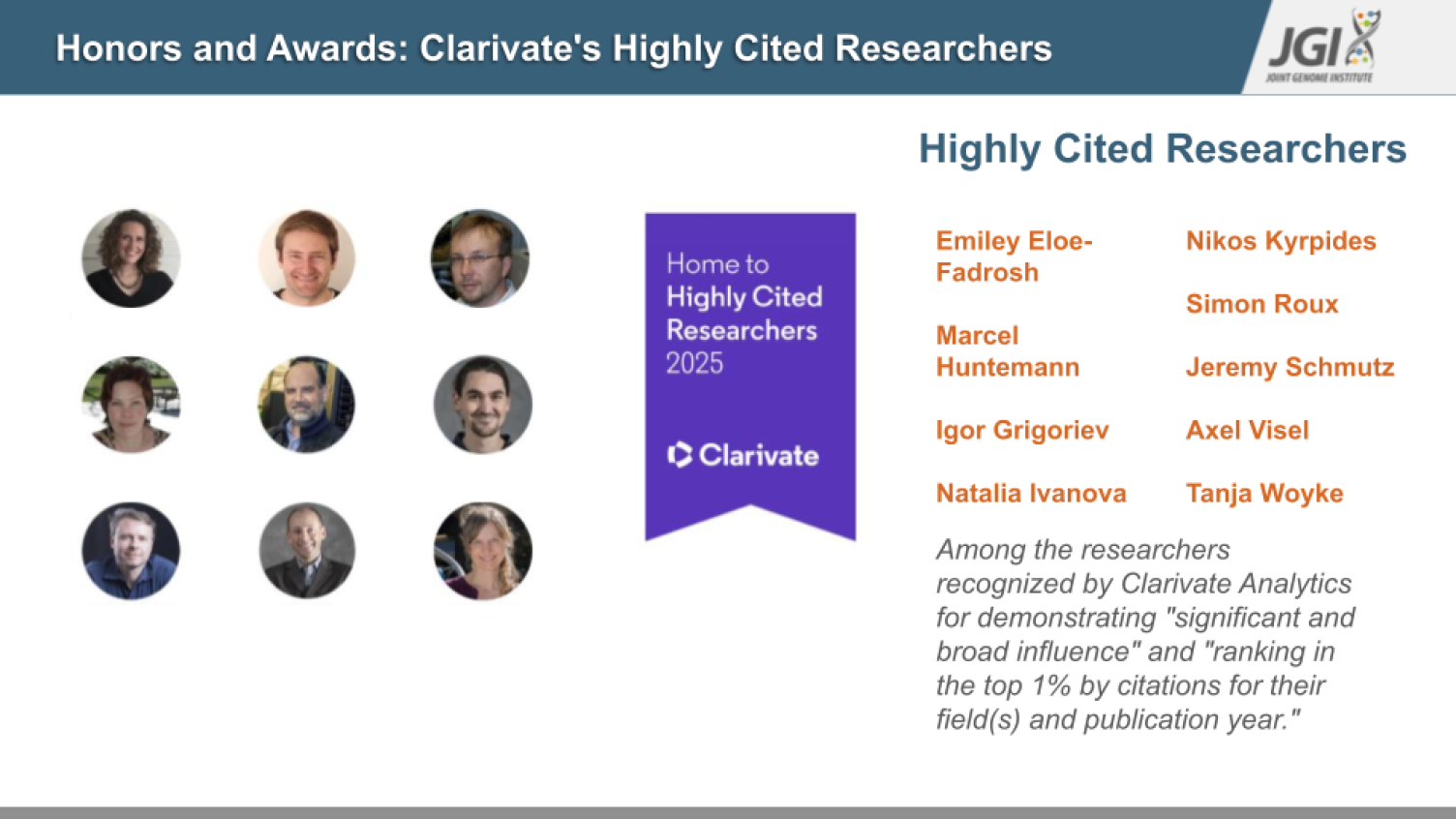 Nine JGI researchers named Clarivate Highly Cited Researchers 2025 for ranking in top 1% by citations: Emiley Eloe-Fadrosh, Marcel Huntemann, Igor Grigoriev, Natalia Ivanova, Nikos Kyrpides, Simon Roux, Jeremy Schmutz, Axel Visel, and Tanja Woyke