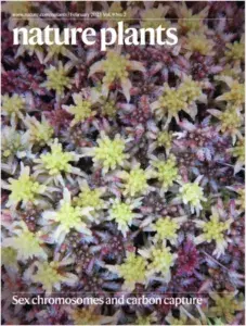 A Nature plants cover featuring a photo of two sphagnum species: S. divinum (red) and S. angustifolium (green)]