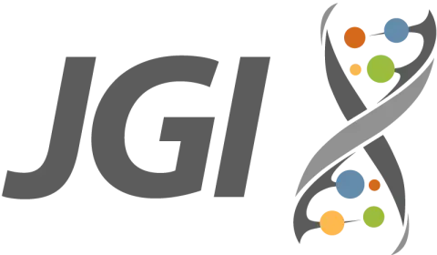 The letters JGI next to the graphic logo of a gray helix with multicolored balls.