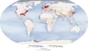 Oxygen minimum zones (shows as red circles) are marine regions where many organisms cannot survive due to the reduced oxygen levels. (Image courtesy of the NASA Earth Observatory)