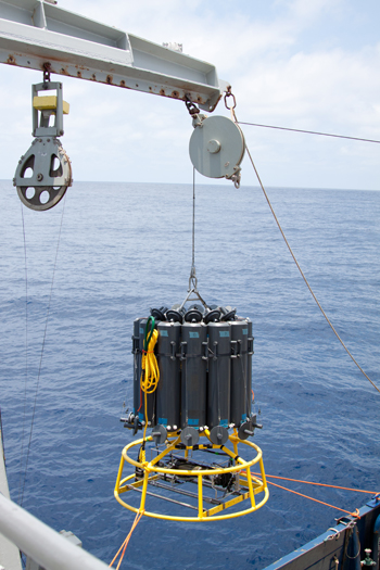 Photo: Rosette deployment to collect ocean microbes from the Eastern Tropical North Pacific oxygen minimum zone aboard the R/V New Horizon. Samples collected during this voyage will be used for the project proposed by Frank Stewart of Georgia Tech