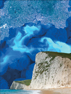 The white cliffs of Dover are composed of the chalky, white shells that envelop the single-celled photosynthetic alga known as Emiliania huxleyi. (Ehux images by Jeremy Young. Background by Caitlin Youngquist, Berkeley Lab)