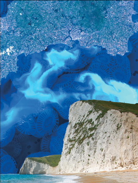 Photo: The white cliffs of Dover are composed of the chalky, white shells that envelop the single-celled photosynthetic alga known as Emiliania huxleyi. (Ehux images by Jeremy Young. Background by Caitlin Youngquist, Berkeley Lab)
