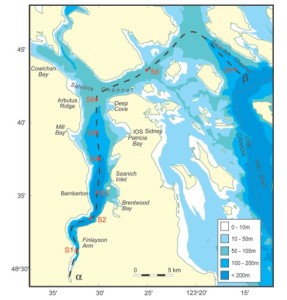 Map of Saanich Inlet with water depths noted