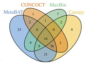 Venn diagram of identified genomes from a synthetic metagenome assembly by top 4 binning methods including MetaBAT. (Source: PeerJ, doi:10.7717/peerj.1165/fig-3)