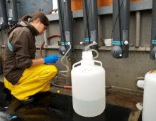 Collecting sampled waters from Saanich inlet into carboys for large volume filtration of microbial biomass. (Image courtesy of Steven Hallam, UBC)