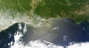 The oil slick in the Gulf of Mexico from the Deepwater Horizon oil spill as seen on April 29, 2010. (NASA Earth Observatory image created by Jesse Allen, using data provided courtesy of the University of Wisconsin’s Space Science and Engineering Center MODIS Direct Broadcast system)