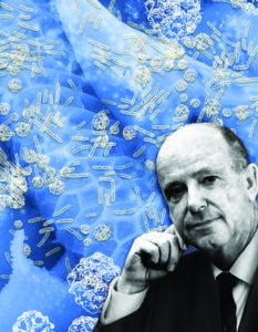 Robert Hungate, the microbiologist who invented the widely-used method of cultivating strictly anaerobic bacteria that now bears his name. (Image of Robert Hungate from Special Collections, University of California Library, Davis; composite image by Rekha Seshadri, JGI; and Zosia Rostomian, Berkeley Lab Creative Services).