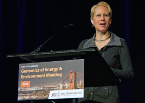 Krista McGuire of the University of Oregon at the JGI 13th Annual Genomics of Energy & Environment Meeting. Click on the image to watch her talk, or go to bit.ly/JGI2018McGuire.