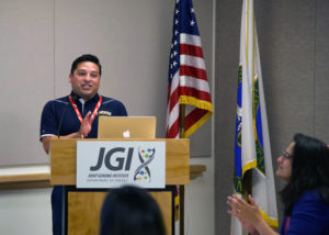 UC Merced Undergraduate Research Opportunities Center (UROC) coordinator Jorge Arroyo speaking during the 5th year celebration of the JGI-UC Merced Genomics Internship.