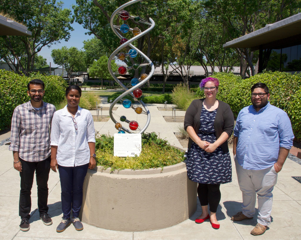 2018 cohort of UC Merced graduate students who had JGI internships (left to right): Akshay Paropkari, Rhondene Wint, Mo Kaze and Vincente Ramirez. (Not pictured: Candace Cole)